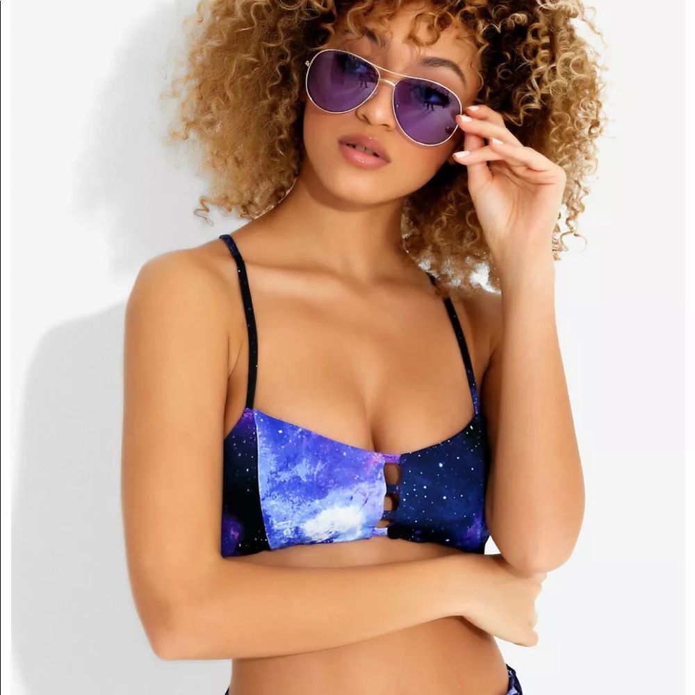 Purple galaxy string reversible swim top